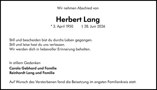 Traueranzeige von Herbert Lang von Darmstädter Echo