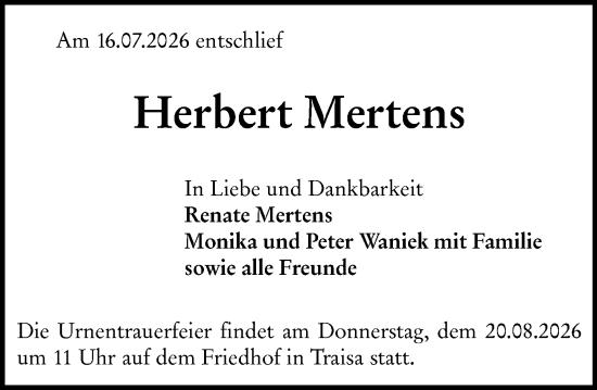 Traueranzeige von Herbert Mertens von Darmstädter Echo