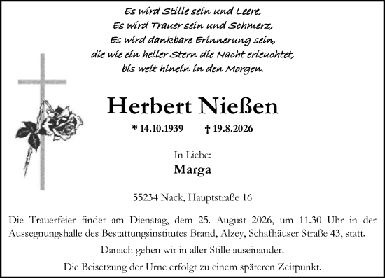 Traueranzeige von Herbert Nießen von Allgemeine Zeitung Alzey