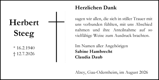 Traueranzeige von Herbert Steeg von Allgemeine Zeitung Alzey