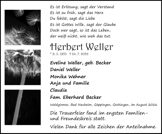 Traueranzeige von Herbert Weller von Wetzlarer Neue Zeitung