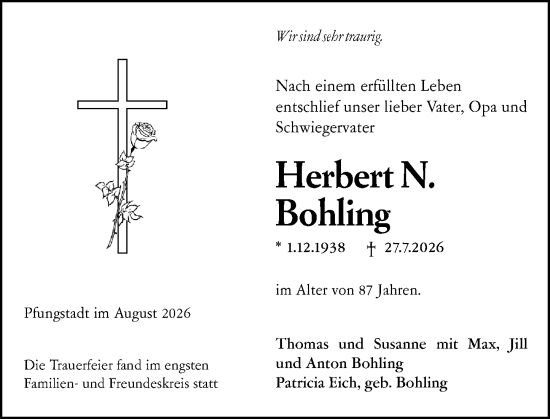Traueranzeige von Herbert N. Bohling von Darmstädter Echo