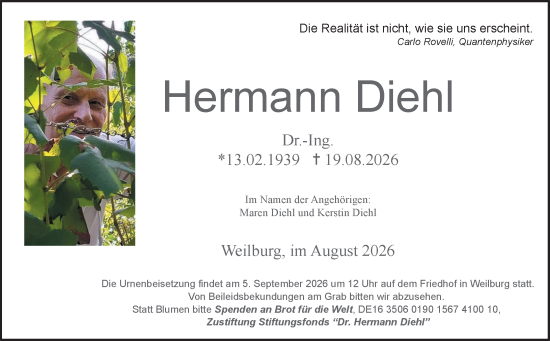 Traueranzeige von Hermann Diehl von Weilburger Tageblatt