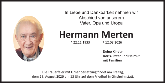 Traueranzeige von Hermann Merten von Allgemeine Zeitung Mainz