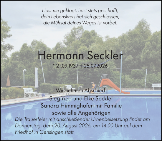 Traueranzeige von Hermann Seckler von Binger-/Ingelheimer Wochenblatt