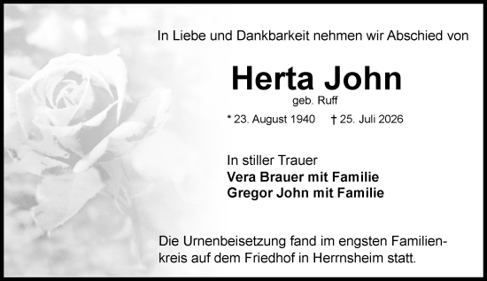 Traueranzeige von Herta John von Wormser Zeitung