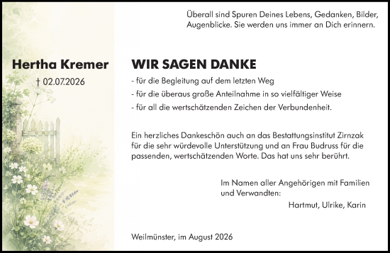Traueranzeige von Hertha Kremer von Weilburger Tageblatt