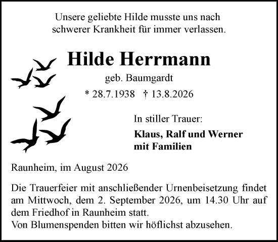 Traueranzeige von Hilde Herrmann von Rüsselsheimer Echo