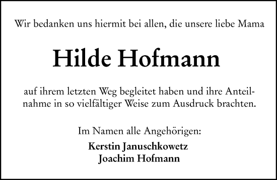 Traueranzeige von Hilde Hofmann von Wetzlarer Neue Zeitung