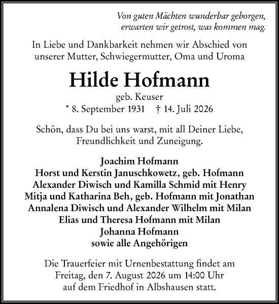 Traueranzeige von Hilde Hofmann von Wetzlarer Neue Zeitung