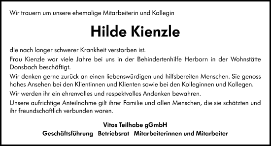 Traueranzeige von Hilde Kienzle von Dill Block