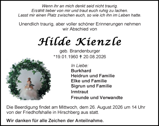 Traueranzeige von Hilde Kienzle von Dill Block