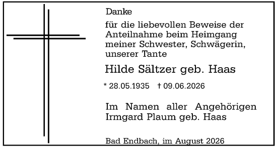 Traueranzeige von Hilde Sältzer von Hinterländer Anzeiger