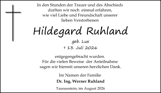 Traueranzeige von Hildegard Ruhland von Idsteiner Land/Untertaunus