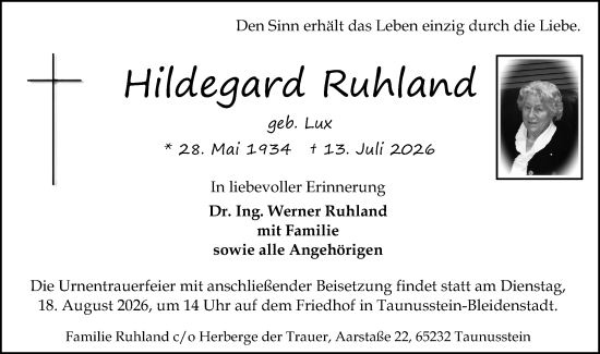 Traueranzeige von Hildegard Ruhland von Idsteiner Land/Untertaunus