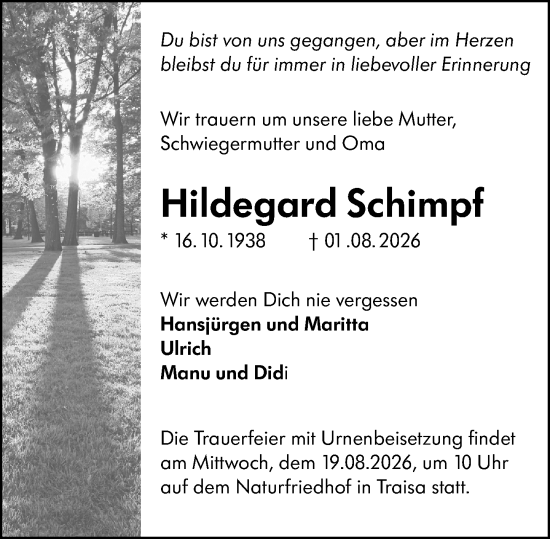 Traueranzeige von Hildegard Schimpf von Darmstädter Echo