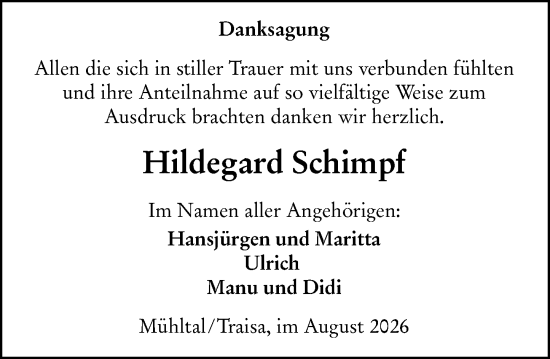Traueranzeige von Hildegard Schimpf von Darmstädter Echo