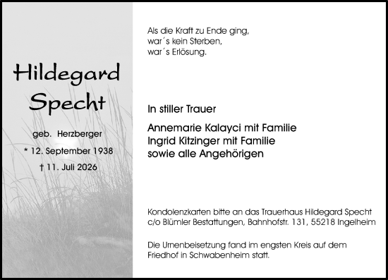 Traueranzeige von Hildegard Specht von Allgemeine Zeitung Mainz