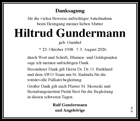 Traueranzeige von Hiltrud Gundermann von Wormser Zeitung