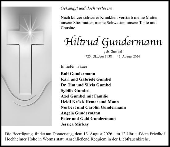 Traueranzeige von Hiltrud Gundermann von Wormser Zeitung