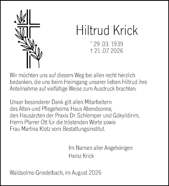 Traueranzeige von Hiltrud Krick von Wetzlarer Neue Zeitung