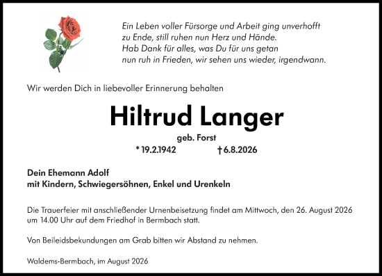 Traueranzeige von Hiltrud Langer von Camberger Anzeiger