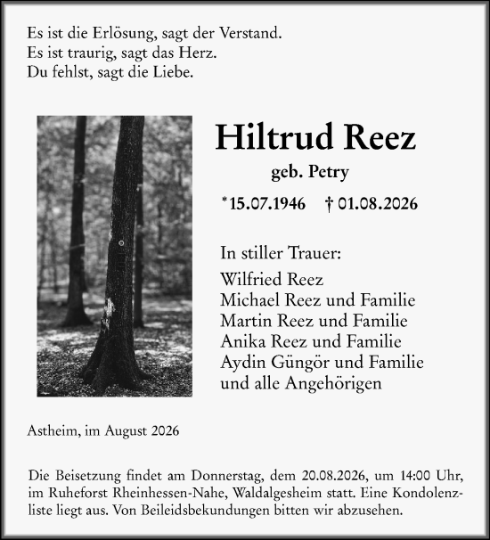 Traueranzeige von Hiltrud Reez von Rüsselsheimer Echo