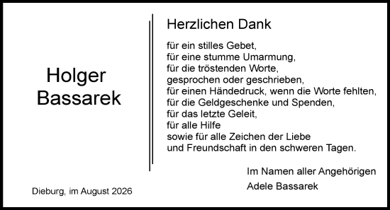 Traueranzeige von Holger Bassarek von Dieburger Anzeiger/Groß-Zimmerner Lokal-Anzeiger
