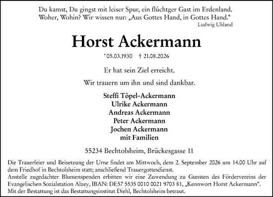 Traueranzeige von Horst Ackermann von Allgemeine Zeitung Alzey