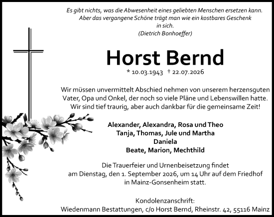 Traueranzeige von Horst Bernd von Allgemeine Zeitung Mainz