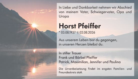 Traueranzeige von Horst Pfeiffer von Hochheimer Zeitung