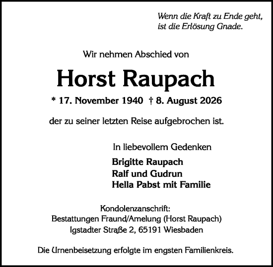 Traueranzeige von Horst Raupach von Wiesbadener Kurier