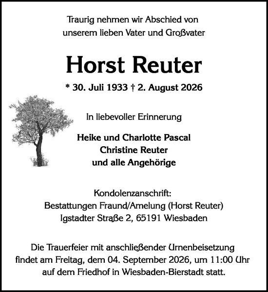 Traueranzeige von Horst Reuter von Wiesbadener Kurier