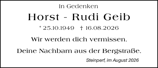 Traueranzeige von Horst - Rudi Geib von Hinterländer Anzeiger