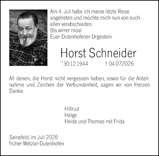 Traueranzeige von Horst Schneider von Wetzlarer Neue Zeitung
