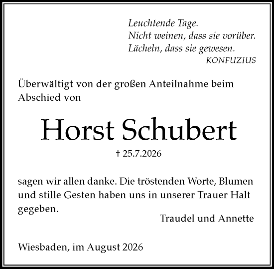 Traueranzeige von Horst Schubert von Wiesbadener Kurier