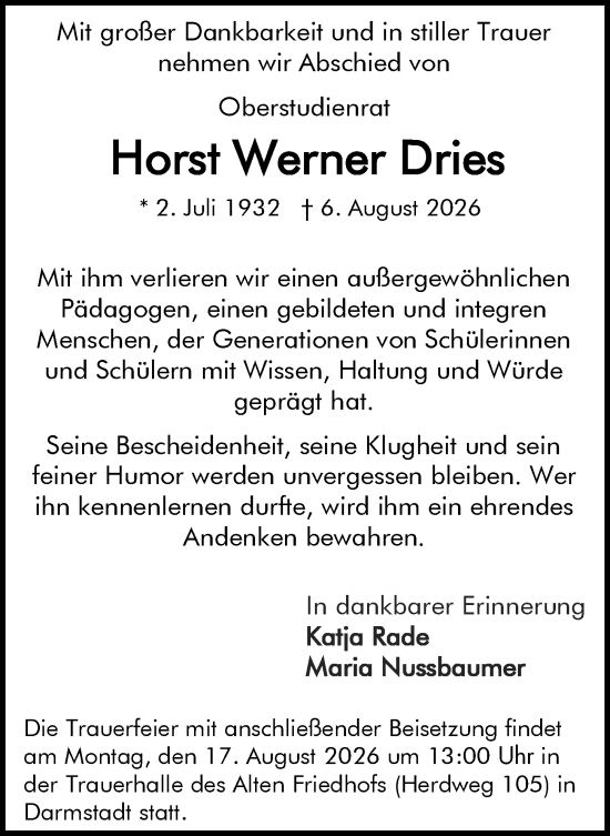 Traueranzeige von Horst Werner Dries von Darmstädter Echo