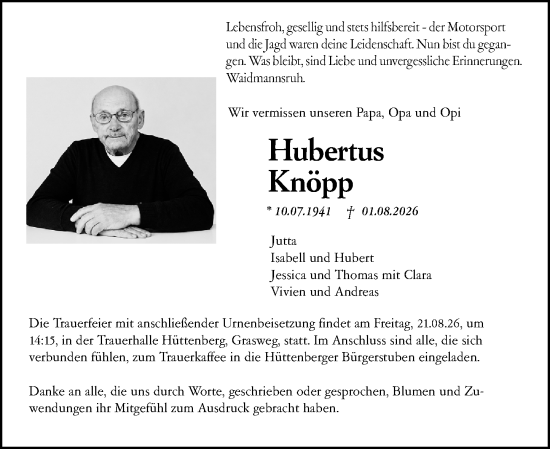 Traueranzeige von Hubertus Knöpp von Wetzlarer Neue Zeitung