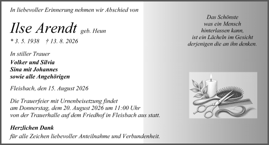 Traueranzeige von Ilse Arendt von Dill Block