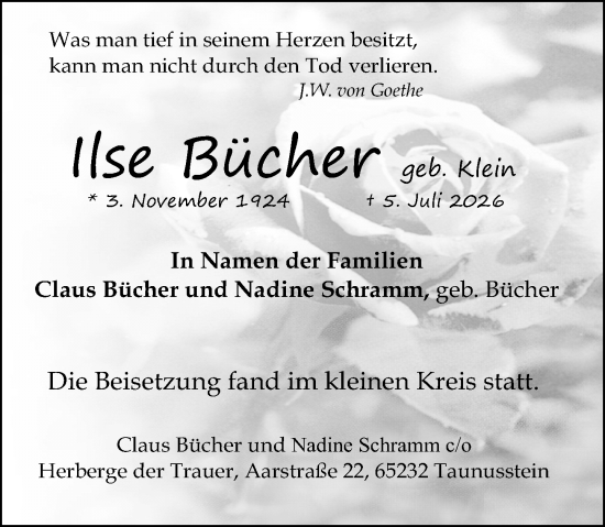Traueranzeige von Ilse Bücher von Idsteiner Land/Untertaunus