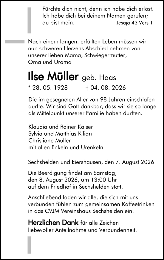 Traueranzeige von Ilse Müller von Dill Block