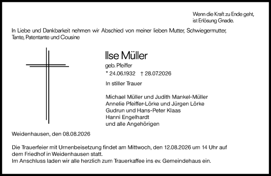 Traueranzeige von Ilse Müller von Hinterländer Anzeiger