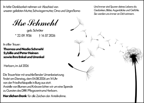 Traueranzeige von Ilse Schmehl von Dill Block