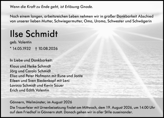 Traueranzeige von Ilse Schmidt von Hinterländer Anzeiger