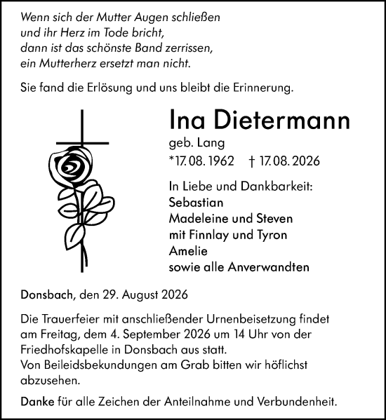 Traueranzeige von Ina Dietermann von Dill Block