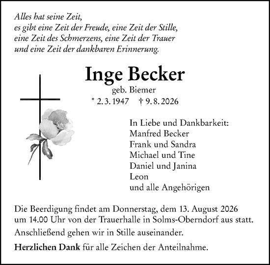 Traueranzeige von Inge Becker von Wetzlarer Neue Zeitung