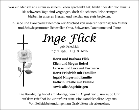 Traueranzeige von Inge Flick von Odenwälder Echo
