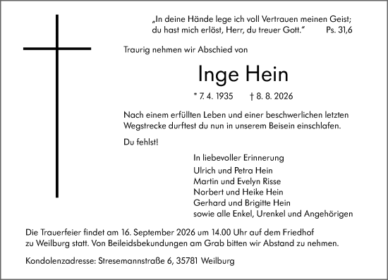Traueranzeige von Inge Hein von Weilburger Tageblatt