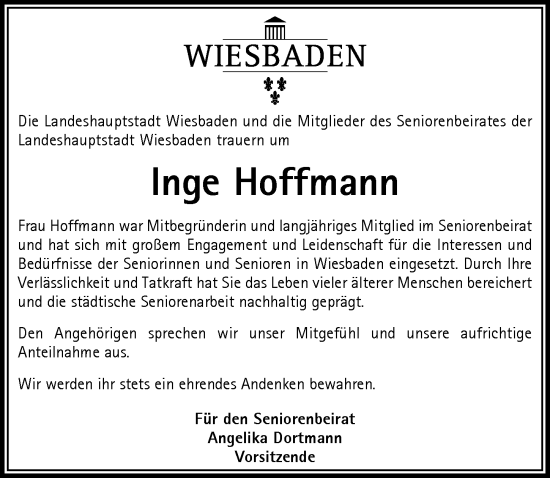 Traueranzeige von Inge Hoffmann von Wiesbadener Kurier