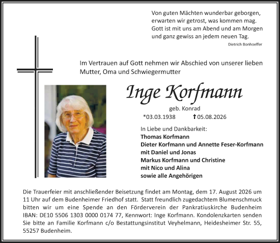 Traueranzeige von Inge Korfmann von Allgemeine Zeitung Mainz